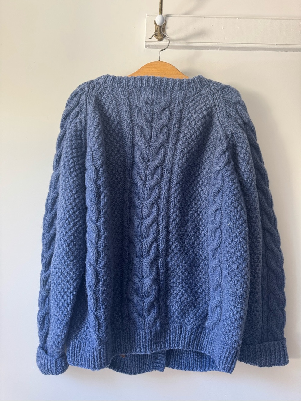 Wool Blend Blue Cable Knit Button-Front Sweater - Hand Knitted - Picture 5 of 5